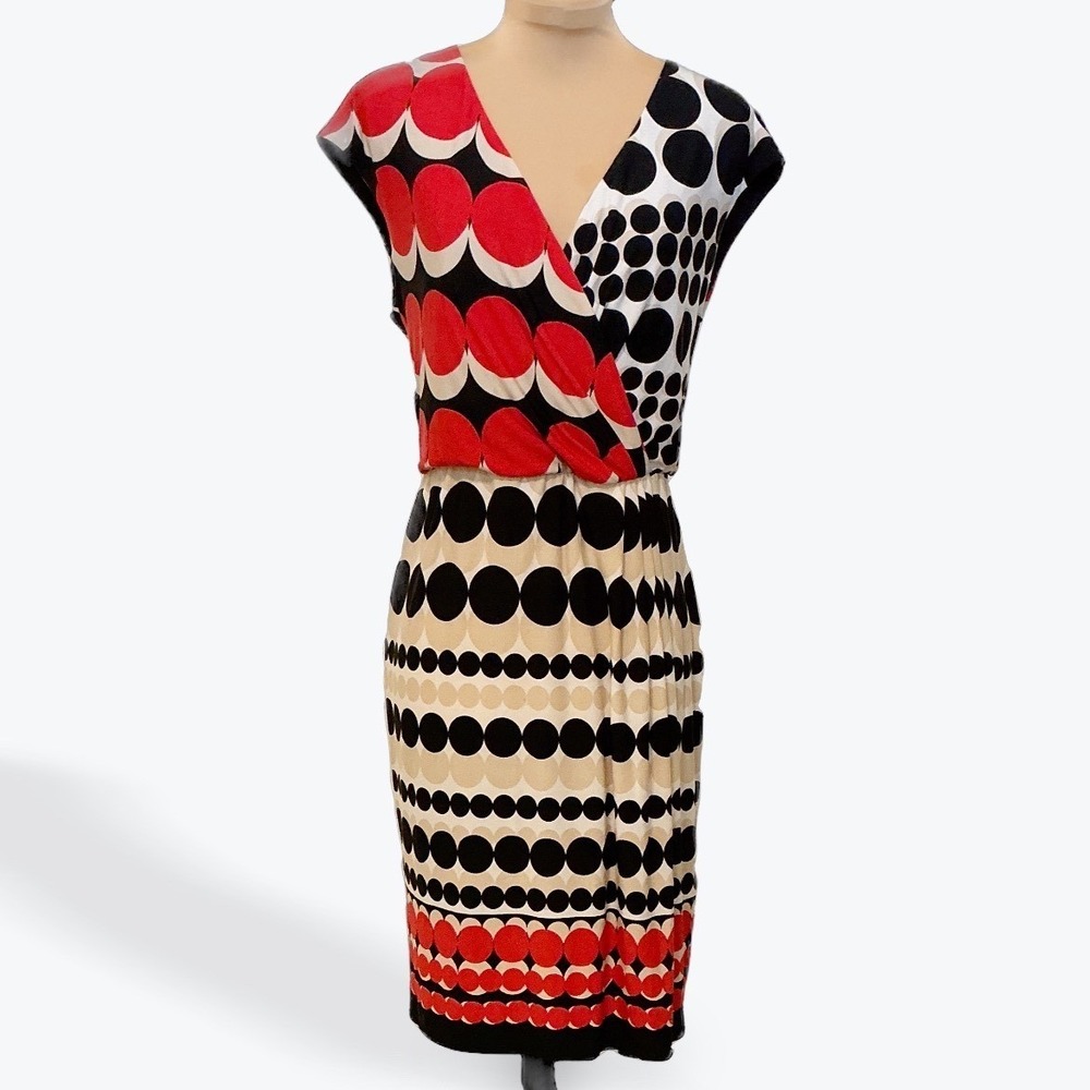 New York & Company Red Black Polka Dot Faux Wrap Dress Medium Sleeveless V-Neck - Picture 2 of 9